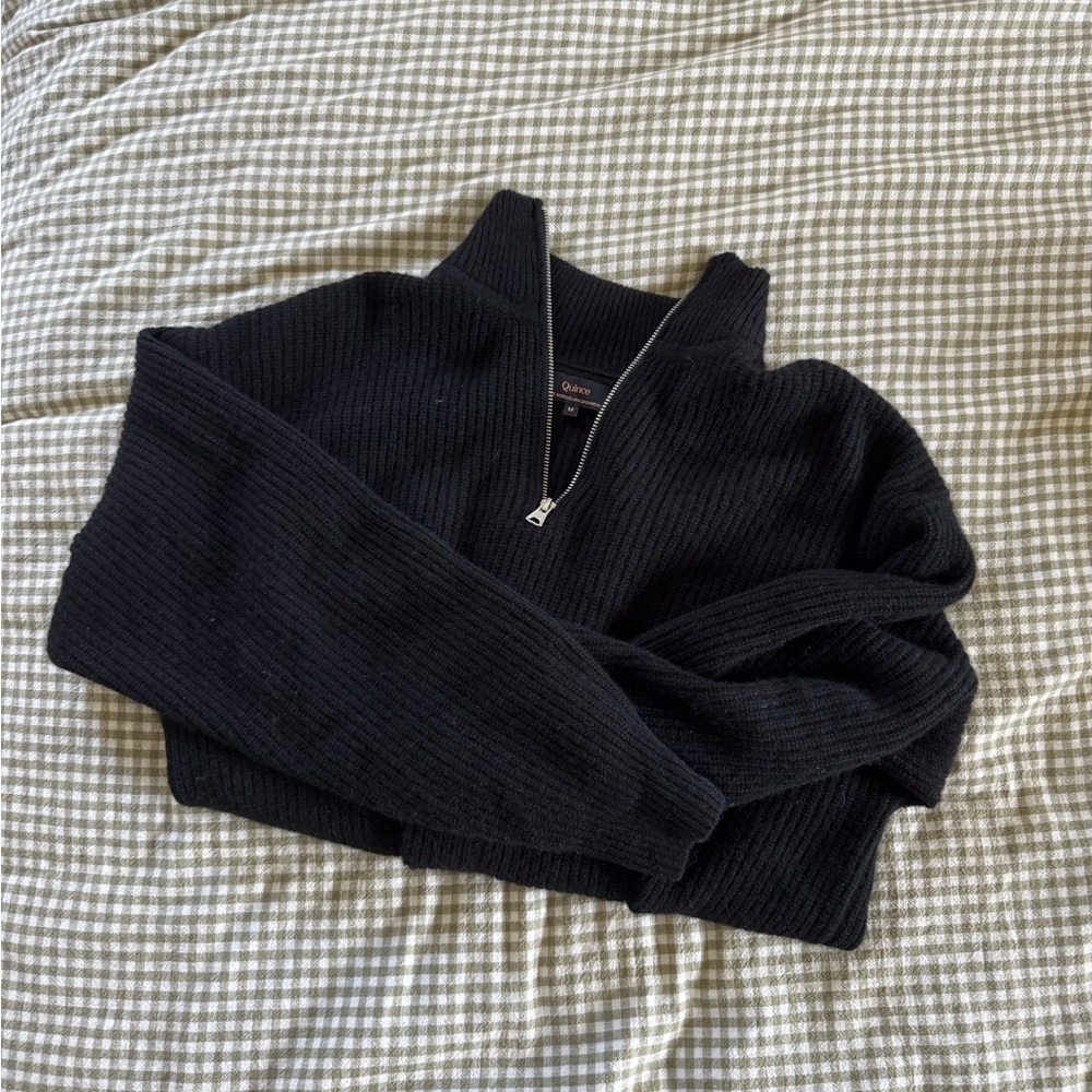 Quince Black Mongolian Cashmere Fisherman Quarter Zip Sweater